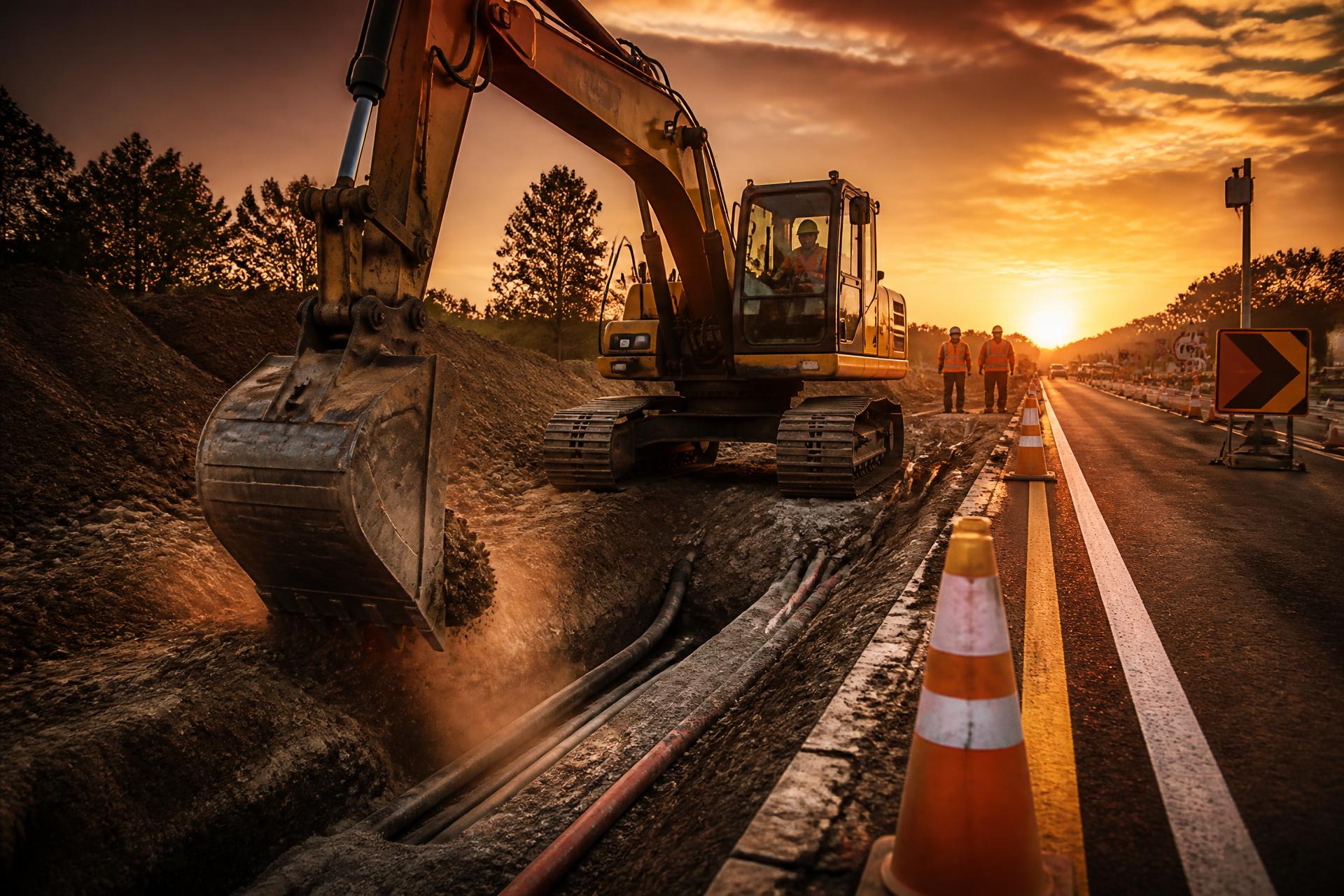 Excavator working on underground trenching at sunset